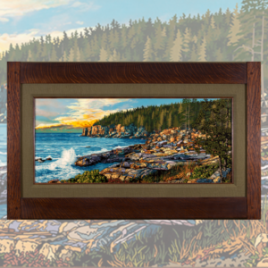 This panoramic print depicts the coastline of Acadia, Maine.