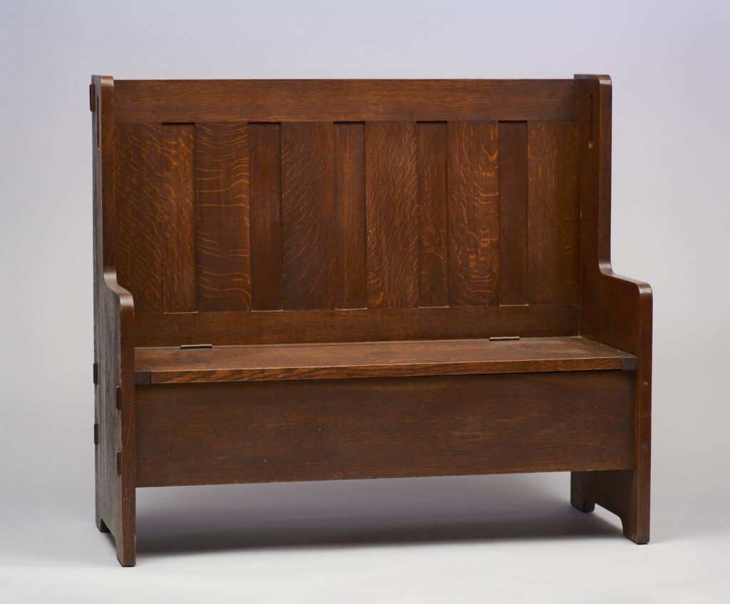 Bench (no. 224); Creator: Craftsman Workshops, ca. 1912-13; Medium: Oak with brass hinges; Dimensions: 42 1/2 x 48 x 20 inche