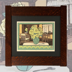 Image of Dorothy Markert's print called In the Girls Bedroom, which shows yellow roses in a green vase on a table that can be found in the girls bedroom of the Stickley Museum of Craftsman Farm. The background features a willow chair and small desk and chair.