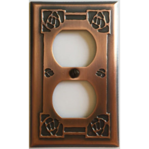 This image shows a copper single duplex style outlet cover by James Matteson in the Bungalow Rose pattern. An embossed mackintosh rose can be found in each corner.