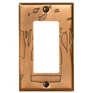 This image shows a rocker/GFI style copper light switch plate by James Matteson in the landscape design. A single large tree are to the left of the left toggle switch. One large tree can be found on the left and right side of the outlet cover.