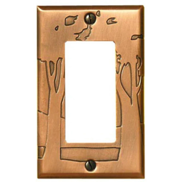 This image shows a rocker/GFI style copper light switch plate by James Matteson in the landscape design. A single large tree are to the left of the left toggle switch. One large tree can be found on the left and right side of the outlet cover.