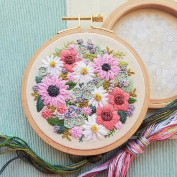 This image shows some of the contents in the Wildflower Embroidery Kit. This kit features white flowers with yellow centers, light purple flowers with dark purple centers and pink flowers with a darker center.