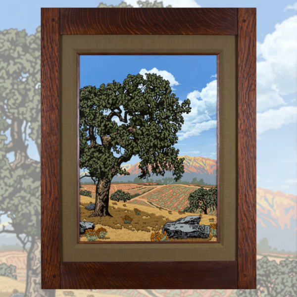 This giclee print features a mature valley oak tree on a hill. Just past it you can see foothills and a mountain range.