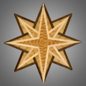 This image shows a translucent 8 point star created by Kurt Meyer. Each star is different and this one has a blonde boarder around the 4 central points of the star and a darker brown wood around the other 4 points.