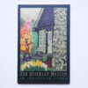 This image shows the front of the wooden postcard featuring Julie Leidel's print The Stickley Museum at Craftsman Farms.
