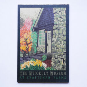 This image shows the front of the wooden postcard featuring Julie Leidel's print The Stickley Museum at Craftsman Farms.