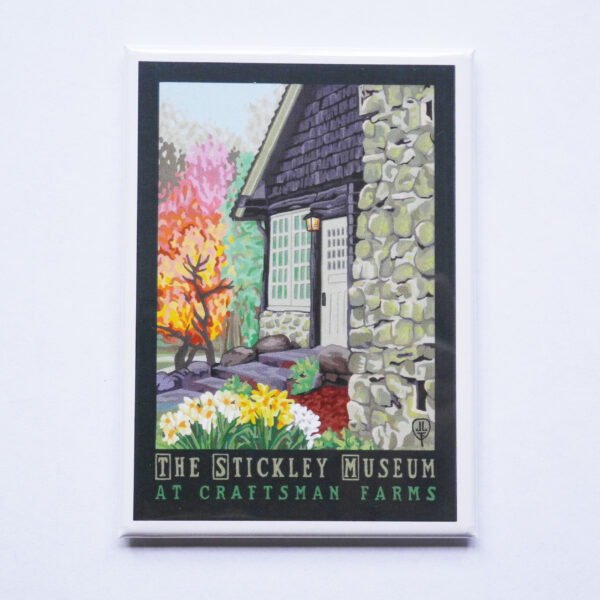 This image shows the front of the magnet featuring Julie Leidel's print The Stickley Museum at Craftsman Farms against a white background.