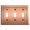 This image shows a triple toggle copper light switch plate by James Matteson in the Bungalow Rose pattern. An embossed mackintosh rose can be found in each corner. An embossed line connects each rose and lines the edges of the light switch. A single floral detail is centered in the lines along the side of the switch plate and two floral details can be found in the lines on the top and bottom of the switch plate.