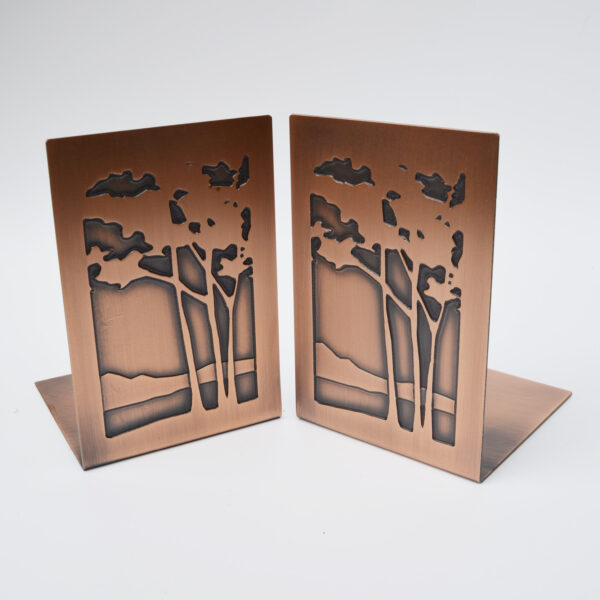 This image shows the copper landscape bookends made by James Mattson.