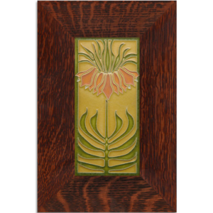 This image shows a green and orange persian lily centered in the middle of the tile against a mustard yellow background.