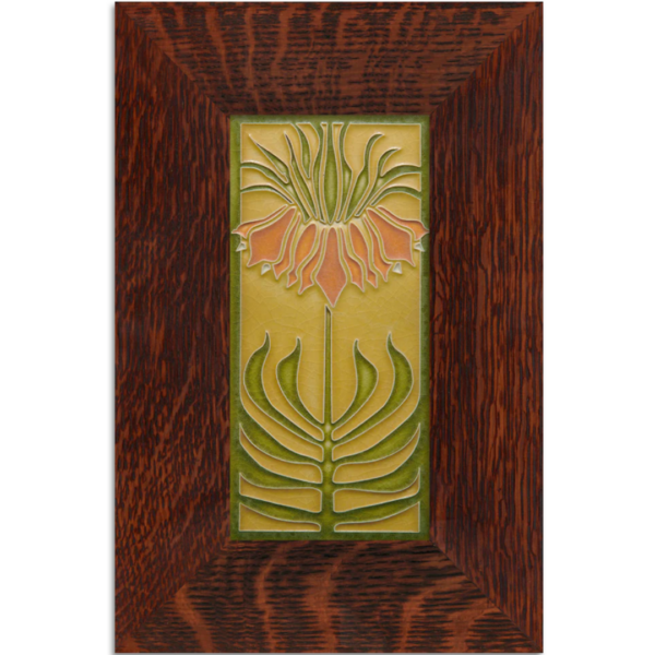 This image shows a green and orange persian lily centered in the middle of the tile against a mustard yellow background.