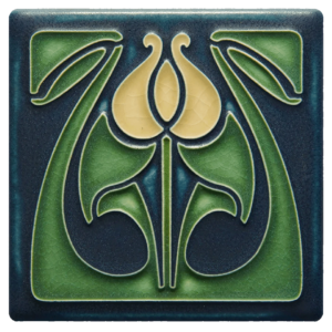 This images shows the light blue tulip bud tile by Motawi.