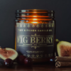 This image shows the candle Fig Berry. There are figs, cranberries and cinnamon sticks staged around the candle.