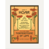 This print features a quote by Gustav Stickley centered down the middle of the print. It is against a background that is two different shades of orange and features a round circle resembling the sun in the middle. California poppies are mirrored on either side of the print framing the quote that reads, "WHEN A HOME IS BORN OUT OF THE HEART DEVELOPED THROUGH LABOR AND PERFECTED THROUGH A SENSE OF BEAUTY IT IS THE VERY CORNERSTONE OF LIFE."