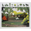 This image shows the puzzle with Laura Wilder's print on it lined with "whimsy" pieces along the top. "Whimsy" pieces are irregular puzzle pieces that match the theme of the puzzle. Some featured in this puzzle include a cat, truck, horse head, duck head, tree, bird and horse.