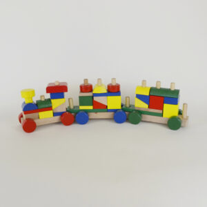 Wooden Train constructed of yellow, red, green and blue blocks.