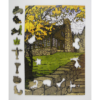 This image shows the puzzle featuring Yoshiko Yamamoto's print the Log House in Autumn surrounded by the whimsy pieces