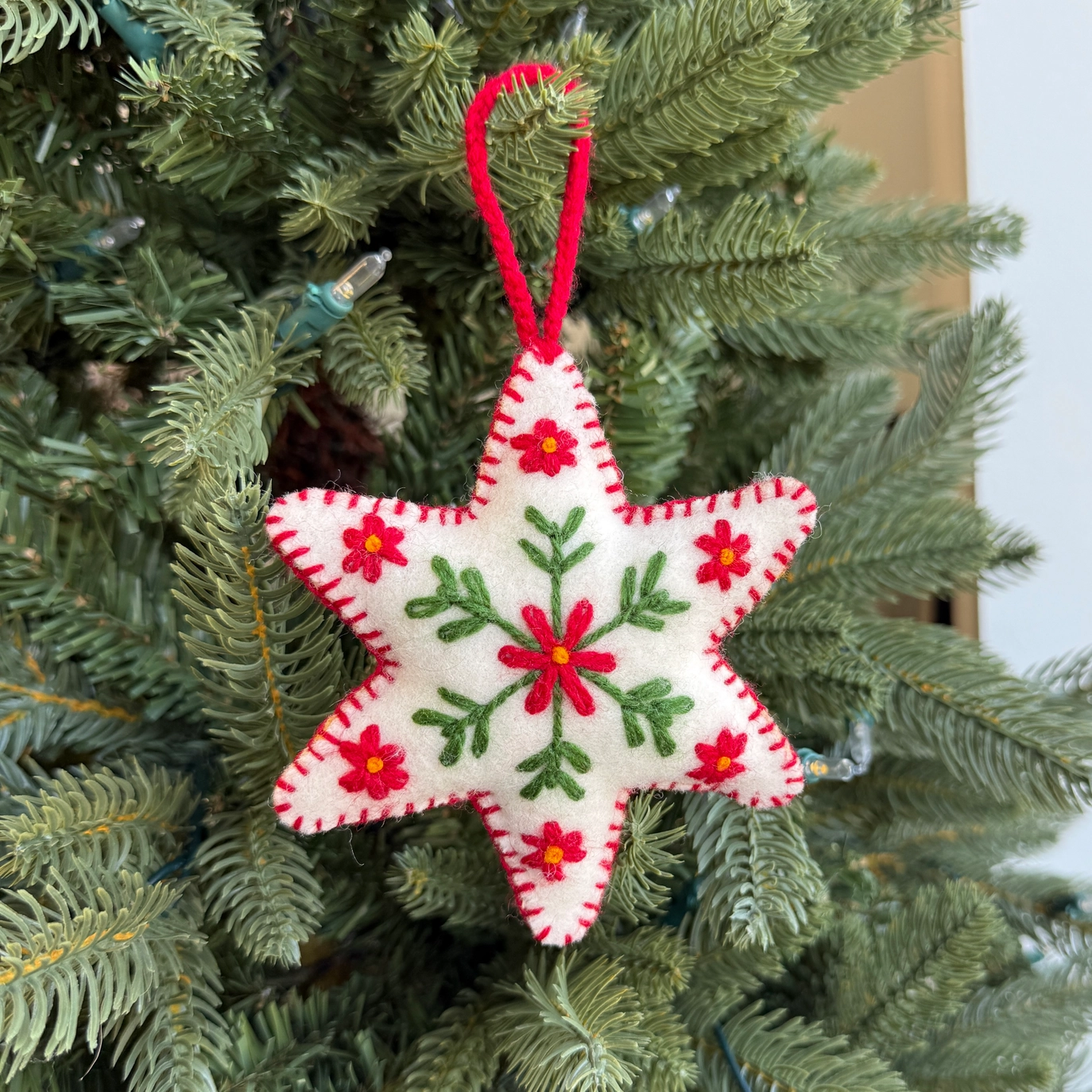 White Six Pointed Star Embroidered Wool Ornament - Image 3